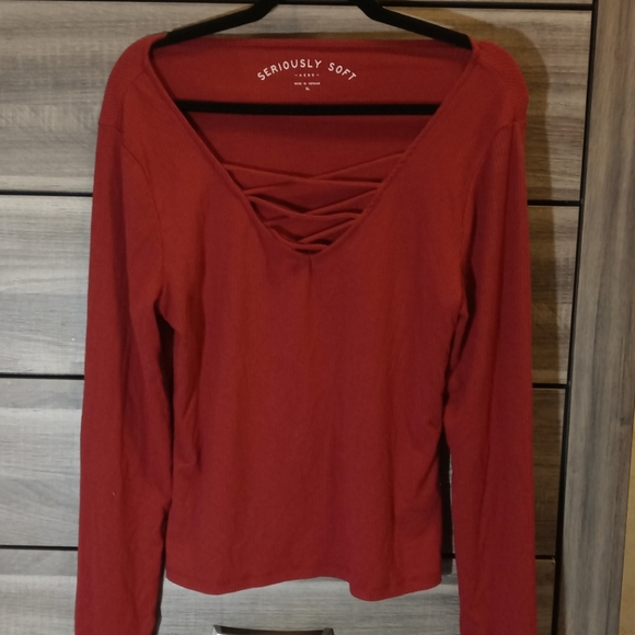 Aeropostale Seriously Soft XL Red Long Sleeve Ribbed Lace Up Bodycon Top - Picture 1 of 5